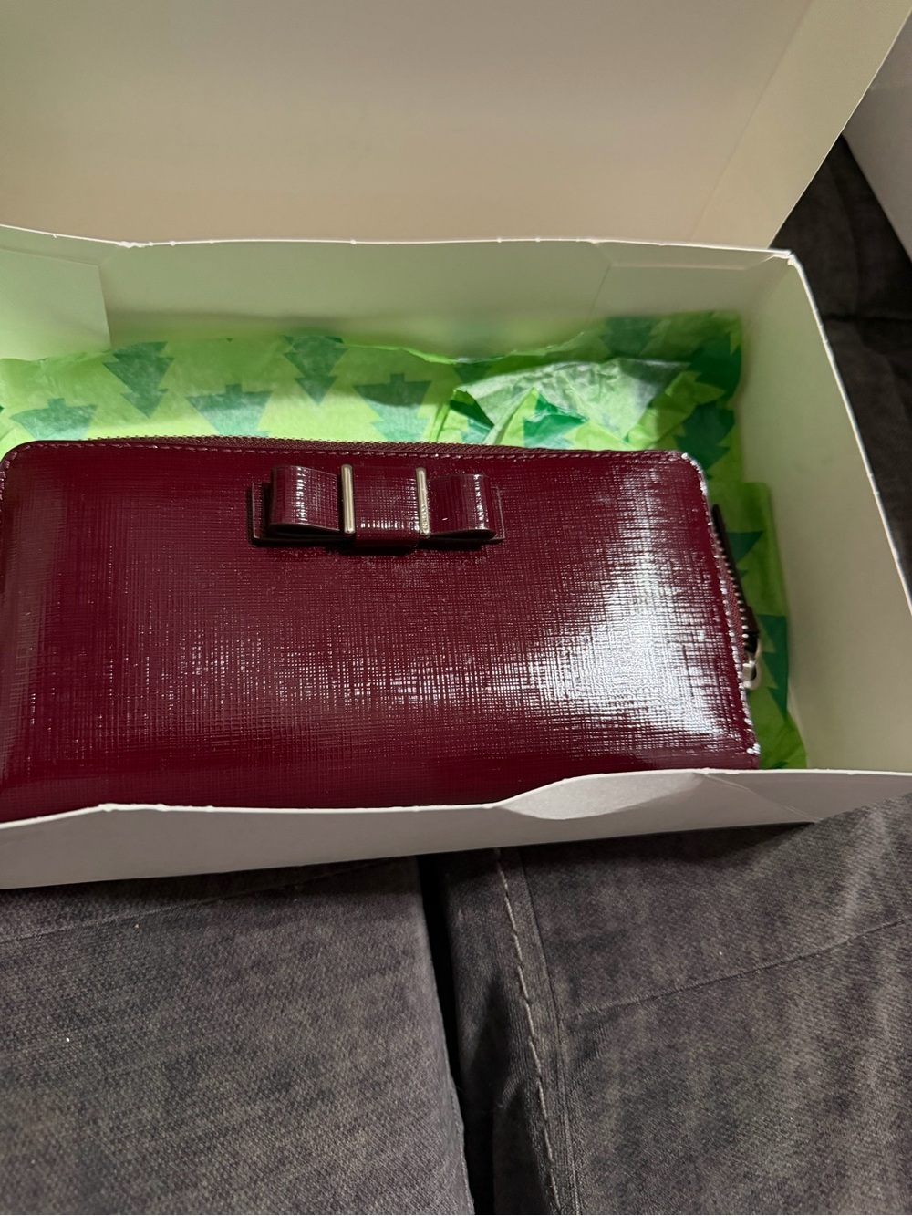 Coach Bow-Accent Patent Leather Zip Wallet - Burgundy